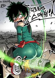 2boys androgynous ass ass_focus big_ass blush butt_attack butt_focus femboy green_eyes green_hair hero_outfit_(mha) huge_ass izuku_midoriya korean_text looking_back male male_only my_hero_academia parkgee sitting_on_face sweatdrop zombie