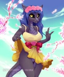 absurd_res branch clothing_lift collaboration dress faeora grey_fur hi_res outside scales side_view skirt sky