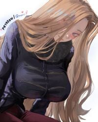 1girl 1girls absurd_res artist_request blonde_hair blush breasts closed_mouth coat curtained_hair female female_focus fur-trimmed_coat fur_collar fur_trim hair_over_one_eye highres long_hair looking_at_viewer methode_(sousou_no_frieren) pants parted_bangs purple_eyes red_pants simple_background sitting smile solo solo_female sousou_no_frieren very_long_hair white_background