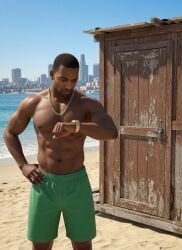 1boy 3d abs afternoon ai ai-created ai_art ai_assisted ai_generated beach beach_shorts black_male blue_sky carl_johnson changing_room city_background crossover dark-skinned_male dead_or_alive eastern_and_western_character gangster gold_chain gold_jewelry gold_watch grand_theft_auto grand_theft_auto:_san_andreas hand_on_waist jewelry koei_tecmo looking_at_watch looking_down los_santos muscular muscular_male ninja_gaiden no_sex ocean ponytail rockstar_games sand six_pack team_ninja waiting wowzerspowzers