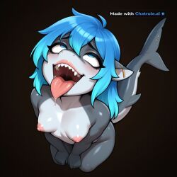 1girl ahegao_face ai_assisted ai_generated blue_hair detailed_face furry grey_skin high_angle huge_eyes long_hair naked petite_breasts shark small_breasts tail_piercing visible_breasts visible_nipples