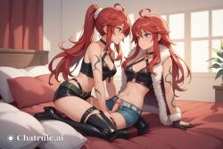 1girl ahoge ai_assisted ai_generated aqua_eyes belt black_short_shorts choker cleavage cowgirl_position cum full_body fur_coat fur_trim futanari gloves green_tattoo leather_topwear little_penis long_hair mother_and_daughter navel projectile_cum red_hair sex size_difference small_penis stomach thigh_boots trails_of_cold_steel