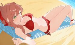 1female 1girl 1girls 2026 beach beach_background big_breasts blush blushing blushing_at_viewer blushing_female bra breasts brown_hair ddlc doki_doki_literature_club female female_focus female_only green_eyes human human_only light-skinned_female light_skin monika_(doki_doki_literature_club) navel no_watermark panties red_bikini red_bra red_panties sand team_salvato visual_novel white_skin