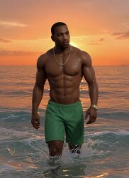 1boy 3d abs afternoon afternoon_sky ai ai-created ai_art ai_assisted ai_generated badass beach beach_shorts black_male carl_johnson cool crossover dark-skinned_male dead_or_alive eastern_and_western_character focused gangster gold_chain gold_jewelry gold_watch grand_theft_auto grand_theft_auto:_san_andreas in_water jewelry koei_tecmo looking_to_the_side los_santos muscular muscular_male ninja_gaiden ocean rockstar_games six_pack sunset team_ninja walking water wet wet_body wet_skin wowzerspowzers