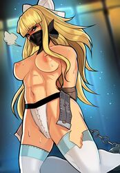 1girls abs angry blonde_hair blue_eyes bondage bound bow captured chained chains charlotte_(fire_emblem) falsealias female female_only femsub fire_emblem fire_emblem_fates gag looking_at_viewer medium_breasts nude nude_female over_the_nose_gag prison restrained restrained_arms solo tied_arms torn_clothes