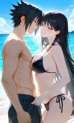 1boy 1girls ai_generated beach bikini bikini_top bishoujo_senshi_sailor_moon black_eyes black_hair crossover happy muscular_male naruto naruto_(series) naruto_shippuden purple_eyes ready_for_sex red_and_white_hair rei_hino sailor_mars sea seductive seductive_smile sexy sexy_bikini sexy_body sexy_female standing swelling swimming_trunks uchiha_sasuke