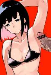 1boy black_bikini bright_pupils closed_mouth colored_inner_hair male medium_breasts midriff multicolored_hair penis red_background veiny_penis