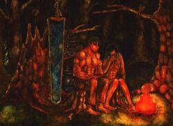 1girls 2boys berserk casca dark-skinned_female female fire forest guts_(berserk) human male nude sword