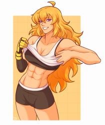 1girls abs clothed_female long_hair long_hair_female purple_eyes robotic_arm rwby solo_female tank_top tank_top_lift yang_xiao_long yellow_nicky_(artist)