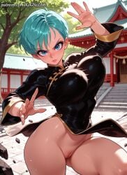 1girl 2026 ai_generated anime aqua_hair black_dress blue_eyes blue_hair boobs breasts bulma bulma_(dragon_ball) bulma_briefs china_dress chinese_clothes cleavage commando covered_nipples crossover day dragon_ball dress east_asian_architecture explicit eye_contact female female_focus fighting_stance highres huge_breasts large_breasts lips long_sleeves looking_at_viewer makeup no_panties nsfw outdoors patreon patreon_username pussy rognezart rope short_hair shrine solo spread_pussy thick_thighs thighs tree uncensored wind wind_lift