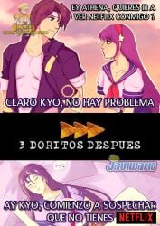 1boy 1girls athena_asamiya blowjob charlyarts10_(artist) cunnilingus idol king_of_fighters kyo_kusanagi meme meme_reference nude_female nude_male oral_sex psycho_soldier purple_hair romantic_couple romantic_sex school_uniform schoolgirl schoolgirl_uniform sex snk spanish_text star_hair_ornament the_king_of_fighters