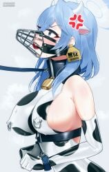 1girl absurdres ako_(blue_archive) animal_print ball_gag bare_shoulders blue_archive blue_eyes blue_hair bodysuit bound bound_arms breasts collar cow_print drooling elbow_gloves gag gagged gloves halo highres lactation large_breasts latex latex_bodysuit leash long_hair looking_to_the_side maguro27 muzzle_(mask) nipple_piercing pet_play piercing skindentation upper_body