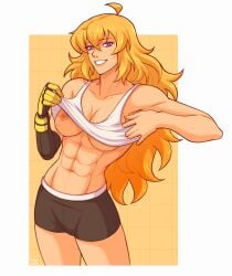 1girls breasts half-dressed half_naked half_naked_female long_hair long_hair_female no_bra purple_eyes robotic_arm rwby shorts solo_female tank_top tank_top_lift yang_xiao_long yellow_nicky_(artist)