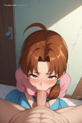 1girl ahoge ai_assisted ai_generated back_against_wall balls_deep bed blush brown_eyes brown_hair cowboy_shot deep deepthroat delia_ketchum_(pokemon) dominated drunk dutch_angle face_fuck facing_viewer hands_tied_above_head high_quality highres indoors looking_at_viewer low_ponytail on_side parted_bangs petite_body ponytail pov ripped_clothes shirt sitting_on_knees skinny small_breasts small_tits source_anime tiny_tits young