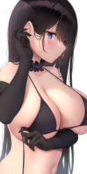 1girls akira_shiun bikini bikini_top black_hair blush breasts cleavage collar female female_only frilled_collar gloves highres large_breasts long_gloves long_hair original side-tie_bikini sitting straight_hair