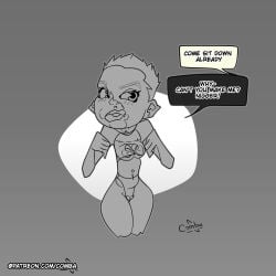 areolae background comba imminent_sex keyhole original_character pixie_cut pussy_showing shorts speech_bubble t-shirt the_n_word thigh_gap