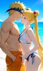 1boy 1girls ai_generated beach bikini bikini_top bishoujo_senshi_sailor_moon blonde_hair blue_eyes crossover happy muscular_male naruto naruto_(series) naruto_shippuden ready_for_sex red_and_white_hair sailor_moon sea seductive seductive_smile sexy sexy_bikini sexy_body sexy_female standing swelling swimming_trunks usagi_tsukino uzumaki_naruto