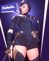 3d 3d_(artwork) alternate_version_available bandage bandage_on_nose bandages_on_arms black_hair black_hair_female blush blushing cat_ears cat_girl clothed clothed_female clothing erisa_(fortnite) female female_focus female_only fingernails fortnite fully_clothed fully_clothed_female gloves hand_on_hip long_hair long_hair_female looking_down looking_down_at_viewer luminaryofages mouth_open open_mouth ponytail pose posing scar_on_face sfw solo solo_female solo_focus text text_box thighhighs watermark