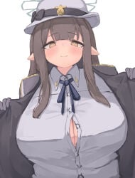 1girls :> black_jacket blue_archive blue_ribbon blush breasts brown_eyes brown_hair button_gap buttons closed_mouth collared_shirt commentary dot_nose female grey_halo grey_shirt halo highres huge_breasts jacket long_hair long_sidelocks looking_at_viewer misuzu_(blue_archive) open_clothes open_jacket pointy_ears ribbon shirt sidelocks simple_background solo sweat teruriu upper_body white_background