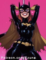ai_generated arms_behind_head batgirl batgirl_(barbara_gordon) big_ass big_breasts big_butt big_thighs blue_eyes blush bodysuit brown_hair dc dc_comics ezuna huge_ass huge_breasts huge_butt huge_thighs mask pole pole_dancing wanuze wide_hips
