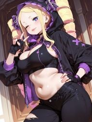 1girl aged_up ai_generated alternate_breast_size arlequin097 belly black_choker black_gloves black_jacket black_pants black_sports_bra blonde_hair blue_eyes blush breasts choker cleavage closed_mouth cowboy_shot crop_top darling_in_the_franxx drill_hair fingerless_gloves gloves hand_on_own_hip hand_up hood hood_up hooded_jacket jacket large_breasts lips long_hair long_sleeves looking_at_viewer midriff navel one_eye_closed open_clothes pants parted_bangs plump sidelocks smile solo sports_bra standing stomach symbol-shaped_pupils thighs torn_clothes torn_pants twin_drills twintails v zero_two_(darling_in_the_franxx)