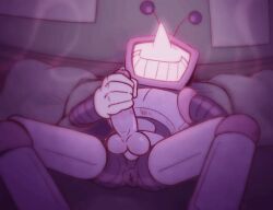 animated big_penis deltarune erect_penis full_body gif grey_body grinning happy_masturbation huge_cock jerkingoff leaking_precum long_nose lying_on_back lying_on_bed male_only masturbation naked_male object_head robot solo_focus solo_male spread_legs steaming_body tenna_(deltarune) twitching_anus