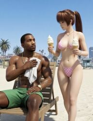 1boy1girl 1girl1boy 3d abs afternoon ai ai-created ai_art ai_assisted ai_generated asian_female beach beach_shorts bikini bikini_bottom bikini_top black_male blue_sky bra bracelet carl_johnson city_background couple crossover dark-skinned_male dead_or_alive drying_body drying_off eastern_and_western_character gangster gold_chain gold_jewelry gold_watch grand_theft_auto grand_theft_auto:_san_andreas holding_ice_cream ice_cream ice_cream_cone in_love interracial jewelry kasumi_(doa) koei_tecmo kunoichi light-skinned_female looking_at_another looking_at_partner looking_up looking_up_at_partner los_santos muscular muscular_male necklace ninja ninja_gaiden no_sex palm_tree palm_trees pink_bikini polka_dot_bikini ponytail rockstar_games romantic_couple sand sitting sitting_on_chair six_pack team_ninja thong towel walking wet wet_body wet_skin wowzerspowzers