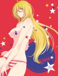 1girls alexandra_garcia blonde_hair breasts censored female glasses kuroko's_basketball kuroko_no_basuke long_hair mature_female no_bra no_pants panties red_glasses smile striped_panties