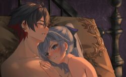 1boy 1boy1girl 1girls artist_name artist_request bed bedroom blush blushing detective_(silver_palace) female female_detective_(silver_palace) indoors ponytail rex_(silver_palace) shipping silver_palace sleeping sleeping_naked sleeping_nude sleeping_on_partner sleeping_together smile smirk smirking