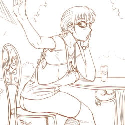 1girl ass azumanga_daiou blush braid braided_ponytail breasts cleavage glasses highres inactive_account koyomi_mizuhara large_breasts lineart long_hair microskirt monochrome no_bra no_panties open_mouth outdoors sitting skirt solo spidu suspender_skirt suspenders thighhighs