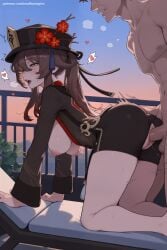 1boy 1girl ai_generated ass black_headwear blush breasts breasts_outside brown_hair clothed_female_nude_male day doggystyle flower genshin_impact hair_flower hat heart hetero hi_res high_quality high_resolution hu_tao_(genshin_impact) long_hair nipples nude patreon penis saliva seductive sex sex_from_behind sexy sky testicles uncensored watermark