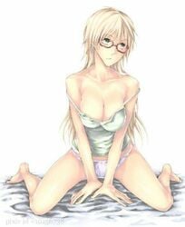 1girls alexandra_garcia artist_request bare_legs blonde_hair breasts camisole female fingers glasses hands kuroko's_basketball kuroko_no_basuke legs long_hair panties red_glasses white_background white_panties