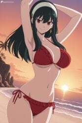 1girl ai_generated armpits arms_up beach bikini black_hair breasts cleavage closed_mouth cowboy_shot digitalwaifugallery earrings frilled_bikini frills hairband hi_res high_quality high_resolution jewelry large_breasts long_hair looking_at_viewer navel ocean outdoors patreon red_bikini red_eyes seductive sexy side-tie_bikini_bottom sidelocks sky smile solo spy_x_family stomach sunset swimsuit tree uncensored watermark white_hairband yor_briar