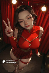 1girl 1girls ai_generated artist_name avatar_the_last_airbender bare_legs bare_shoulders barefoot belt braid braided_ponytail breasts brown_eyes brown_hair curtains detached_sleeves dress feet fingernails foreshortening from_above full_body grin hair_over_shoulder half-closed_eyes hand_up head_tilt hi_res indoors jewelry large_breasts lips lipstick long_hair looking_at_viewer lumenforge makeup medium_breasts miniskirt nail_polish patreon_logo patreon_username perspective pleated_skirt red_curtains red_dress red_lips red_nails red_shirt red_skirt red_sleeves red_theme rope shirt single_braid skindentation skirt sleeveless smile solo standing teeth thick_thighs thigh_strap thighs toenails toes ty_lee v