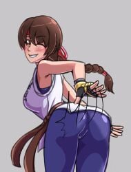 1girl 1girls big_ass big_breasts braid braided_ponytail breasts brown_eyes brown_hair butt_smack deathzera female female_focus from_behind hairband karate_gi king_of_fighters leggings light-skinned_female light_skin long_hair looking_at_viewer looking_back one_eye_closed pale_skin pants skirt skirt_lift skirt_up smile smiley_face smiling_at_viewer spandex spanked_butt spanking spanking_ass thick_thighs thighs tight_clothes tight_clothing tight_pants wink yoga_pants yuri_sakazaki