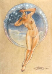 beautiful flight floating flying graceful greek_mythology long_hair natural_breasts night night_sky nighttime nude nude_female nudity nyx_(mythology) pencil_(artwork) shine shiny_hair star stars stars_in_hair traditional_art