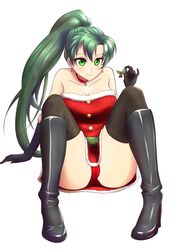 1girls bare_thighs boots choker christmas christmas_outfit fire_emblem fire_emblem:_the_blazing_blade green_eyes green_hair long_gloves long_hair lyn_(fire_emblem) lyndis_(fire_emblem) mistletoe panties pantyshot ponytail red_panties smile upskirt willanator