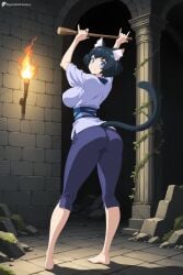 1girl ai_generated animal_ear_fluff animal_ears arms_up ass barefoot black_hair blue_eyes breasts cat_ears cat_girl cat_tail closed_mouth digitalwaifugallery fire from_behind full_body hi_res high_quality high_resolution holding holding_torch isekai_meikyuu_de_harem_wo large_breasts looking_at_viewer looking_back miria_(isekai_meikyuu_de_harem_wo) pants patreon patreon_username plant sash seductive sexy shirt short_hair smile solo standing tail tail_through_clothes tight_clothes torch uncensored watermark