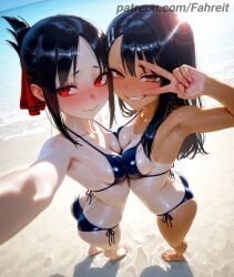 2girls ai_generated alternate_costume arched_back arm_up armpit_crease armpits ass asymmetrical_docking back backlighting bad_perspective bare_arms bare_legs bare_shoulders barefoot beach bikini bikini_tan black_bikini black_hair blue_bikini blue_sky blush breast_press breasts brown_eyes butt_crack cheek-to-cheek cleavage closed_mouth cloud collarbone comfyui dark-skinned_female dark_skin day depth_of_field dutch_angle earclip embarrassed eyelashes fahreit feet fingernails fisheye folded_ponytail foreshortening from_above from_side full_body furrowed_brow glint grin hair_between_eyes hair_ornament hair_ribbon hairclip half-closed_eyes halterneck hand_up hayase_nagatoro heads_together horizon kaguya-sama_wa_kokurasetai_~tensai-tachi_no_renai_zunousen~ lens_flare lips long_fingernails long_hair looking_at_viewer looking_to_the_side medium_breasts multiple_girls nail_polish nervous_smile nose_blush ocean one-piece_tan orange_eyes outdoors outstretched_arm parted_bangs patreon patreon_username perspective pigeon-toed please_don't_bully_me,_nagatoro raised_eyebrows reaching reaching_towards_viewer red_eyes red_nails red_ribbon ribbon sand selfie shadow shinomiya_kaguya shiny_clothes shiny_skin shore short_hair shy side-tie_bikini_bottom sideboob sidelocks skin_fang skindentation sky small_breasts smile smug stable_diffusion standing straight_hair strap_gap string_bikini sun sunlight sweat swept_bangs swimsuit symmetrical_docking taking_picture tan tanlines teeth thighs tiptoes toenail_polish toenails toes twisted_torso upturned_eyes v v_over_eye water wavy_mouth wet
