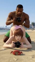 1boy1girl 1girl1boy 3d abs afternoon ai ai-created ai_art ai_assisted ai_generated asian_female ass beach beach_shorts behind_another bent_over bikini black_male blue_sky booty bracelet butt camera carl_johnson city_background couple crab crossover dark-skinned_male dead_or_alive doggy_position doggy_style_position eastern_and_western_character eyes_wide_open focused_expression gangster gold_chain gold_jewelry gold_watch grand_theft_auto grand_theft_auto:_san_andreas holding_camera interracial jewelry kasumi_(doa) koei_tecmo kunoichi light-skinned_female looking_at_animal los_santos muscular muscular_male necklace ninja ninja_gaiden ocean on_floor on_knees pink_bikini polka_dot_bikini ponytail rockstar_games romantic_couple sand six_pack surprised surprised_expression surprised_face taking_picture team_ninja thong unaware wide_eyed wowzerspowzers