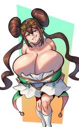 1girls 2d auroch_nsfw breasts breasts_bigger_than_head busty cleavage cosplay_request female female_only front_view game_freak light-skinned_female light_skin looking_at_viewer nintendo pokemon pokemon_bw rosa_(pokemon) solo solo_female tagme top_heavy twin_buns twintails white_background