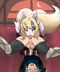 1boy 1girls anus ass big_ass blonde_hair clothed female_rimming_male fire_emblem fire_emblem_fates fire_emblem_heroes fox fox_ears fox_girl fox_tail glazinbuns gold_eyes handjob interspecies kana_(fire_emblem) kana_(fire_emblem)_(male) licking_ass male_anilingus nude penis rimming rusty_bagpipes rusty_trombone selkie selkie_(fire_emblem) size_difference smaller_male straight