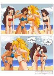 4girls arguing asami_sato beach bikini bikini_bottom bikini_top blake_belladonna blue_eyes crossover glaring glaring_at_another green_eyes half-dressed half_naked half_naked_female korra long_hair long_hair_female ocean purple_eyes rwby the_legend_of_korra yang_xiao_long yellow_eyes yellow_nicky_(artist)