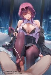 1boy 1girl 2026 ai_generated areola_slip bare_shoulders black_bra black_jacket black_necktie black_skirt blush bra breasts censored cleavage clothed_female_nude_male clothing_cutout collared_shirt couch cum dress_shirt ejaculation erection eyewear_on_head feet femdom foot_out_of_frame footjob gloves hetero highres honkai:_star_rail indoors jacket jacket_on_shoulders jewelry kafka_(honkai:_star_rail) lace-trimmed_bra lace_trim large_breasts long_hair long_sleeves looking_at_viewer mosaic_censoring necktie no_shoes nsfw nude off_shoulder open_clothes open_shirt pantyhose penis pince-nez pov purple_eyes purple_gloves purple_hair purple_pantyhose round_eyewear serain shirt shoulder_cutout sidelocks sitting skirt smile solo_focus sunglasses thighs toes uncensored underwear unworn_necktie white_shirt window
