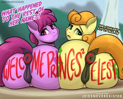 2020 anus ass berry_punch_(mlp) bodypaint carrot_top_(mlp) dialogue dock duo earth_pony english_text equid equine eyelashes female friendship_is_magic furry genitals hasbro horse jcosneverexisted looking_at_viewer looking_back mammal my_little_pony nude pony presenting pussy sitting text