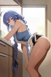 1girl ahoge ai_generated apron ass bare_shoulders bent_over blue_eyes blue_hair blush braid breasts eyebrows_visible_through_hair grin hair_ribbon hand_on_own_thigh hi_res high_quality high_resolution indoors large_breasts leaning_forward long_hair looking_at_viewer mushoku_tensei patreon ribbon roxy_migurdia seductive sexy smile solo thighs twin_braids uncensored watermark