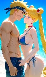 1boy 1girls ai_generated beach bikini bikini_top bishoujo_senshi_sailor_moon blonde_hair blue_eyes crossover happy muscular_male naruto naruto_(series) naruto_shippuden ready_for_sex red_and_white_hair sailor_moon sea seductive seductive_smile sexy sexy_bikini sexy_body sexy_female standing swelling swimming_trunks usagi_tsukino uzumaki_naruto
