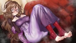 arknights erect_nipples feet female glasses horns ltstarlite sweat tight_clothing