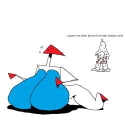 1boy 1girls breast_expansion ciircuit geometric_shapes huge_breasts looking_back lying lying_on_stomach slim_waist spread_legs sweat sweating text triangular_head