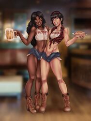 2020 2boys alexis_(andava) andavaverse beer black_hair blue_eyes boots borrowed_character brown_eyes bulge daisy_dukes dark-skinned_femboy dark-skinned_male dark_skin erection_under_clothes femboy femboy_hooters flannel flannel_shirt girly hairband hooters hooters_(parody) hot_dog jean_shorts kitavi kyder light-skinned_femboy male male_only midriff penis_in_shorts penis_outline penis_under_clothes short_shorts smile smiling_at_viewer trap